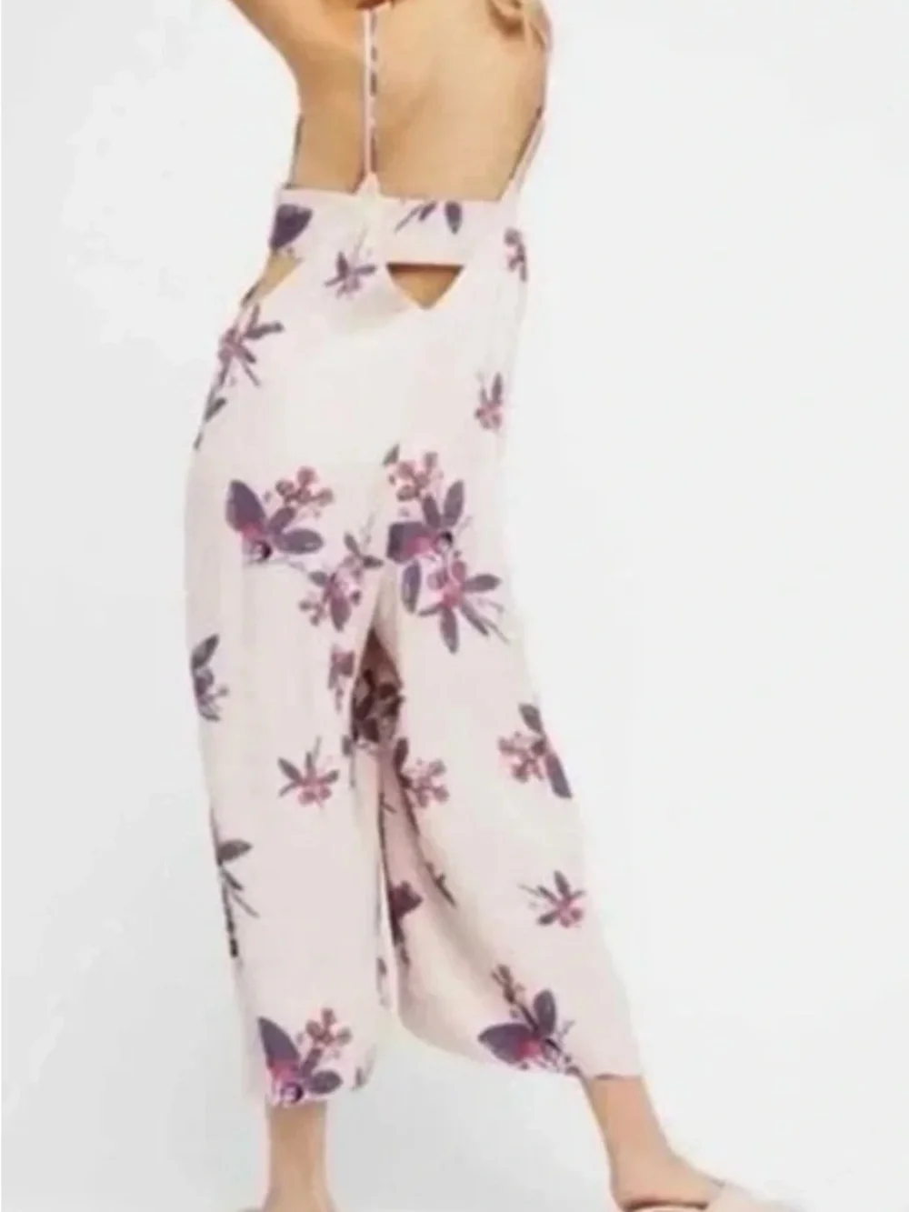 Free People Pink and Purple Floral Wide Leg Spaghetti Strap Jumpsuit - Size XS
